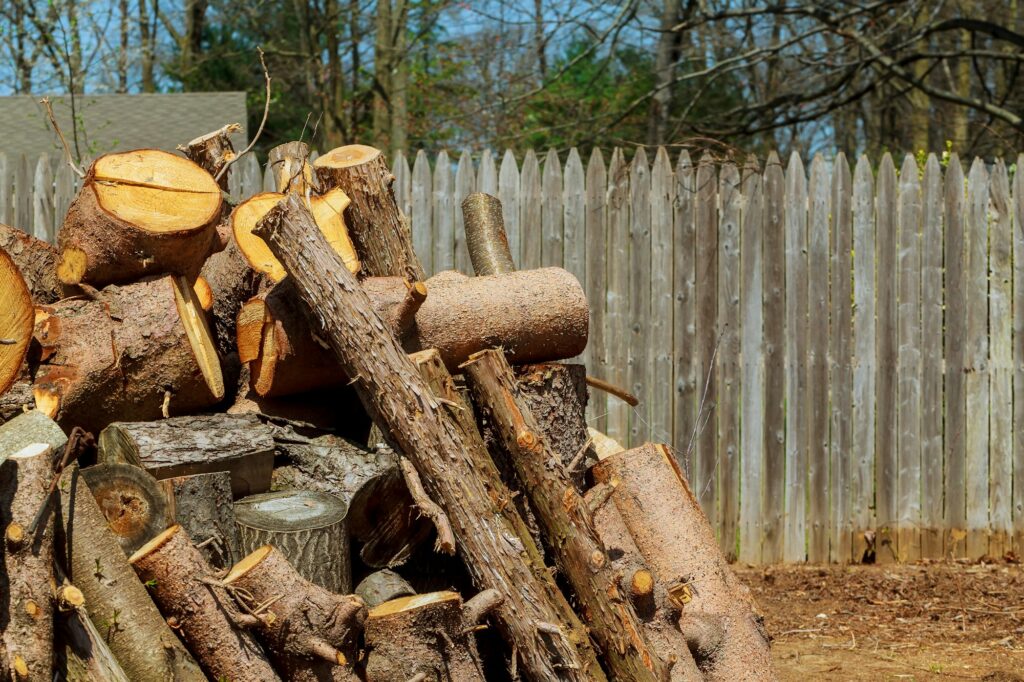 Lumberjack worker with chainsaw cutting log of wood tree trimming